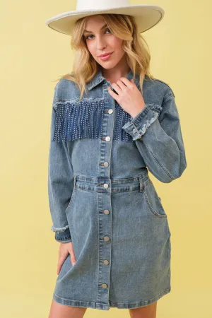80053D - Garment Washed Studded Fringe Western Denim Dress: LIGHT WASH
