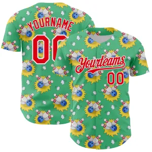 Custom Green Fire Red-White Comic Doodle Ballgame 3D Pattern Design Authentic Baseball Jersey