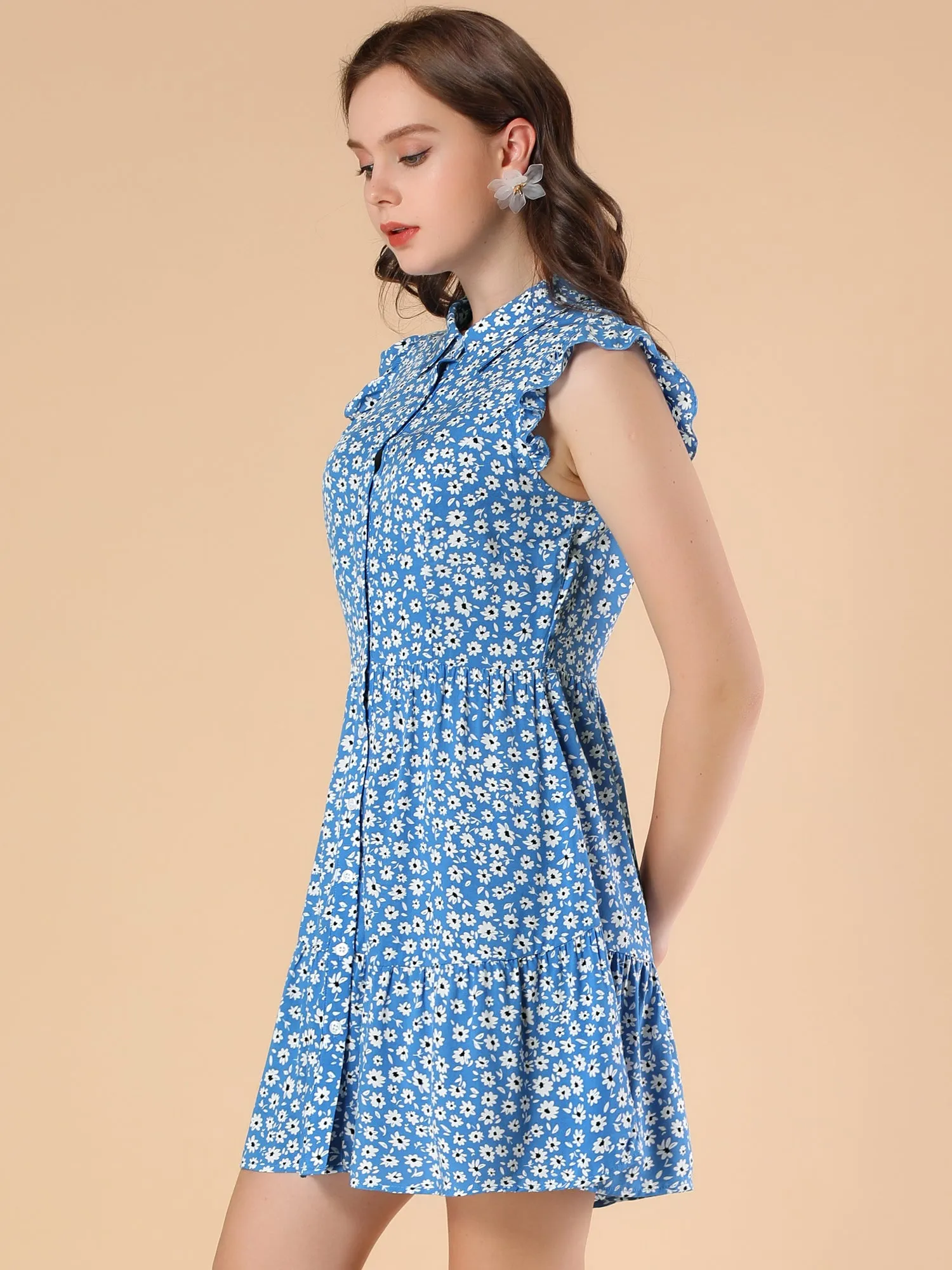 Daisy Floral Ruffle Sleeve Pleated Button Up Dress