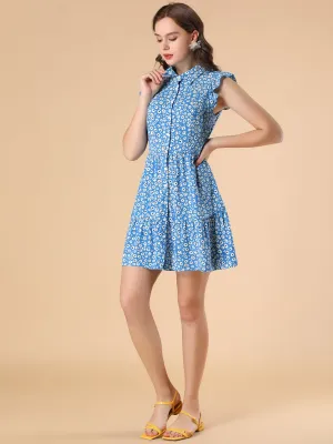 Daisy Floral Ruffle Sleeve Pleated Button Up Dress