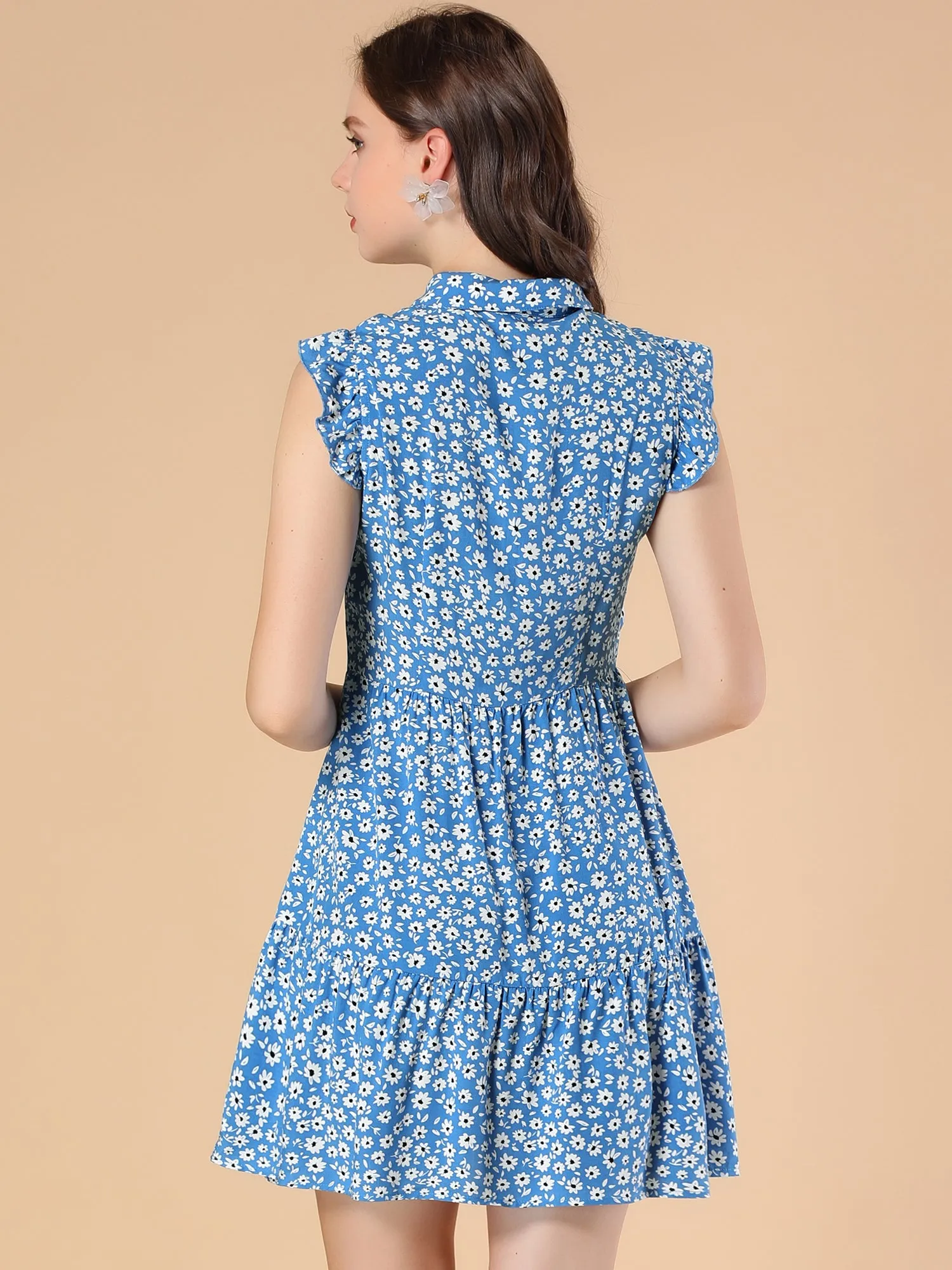 Daisy Floral Ruffle Sleeve Pleated Button Up Dress