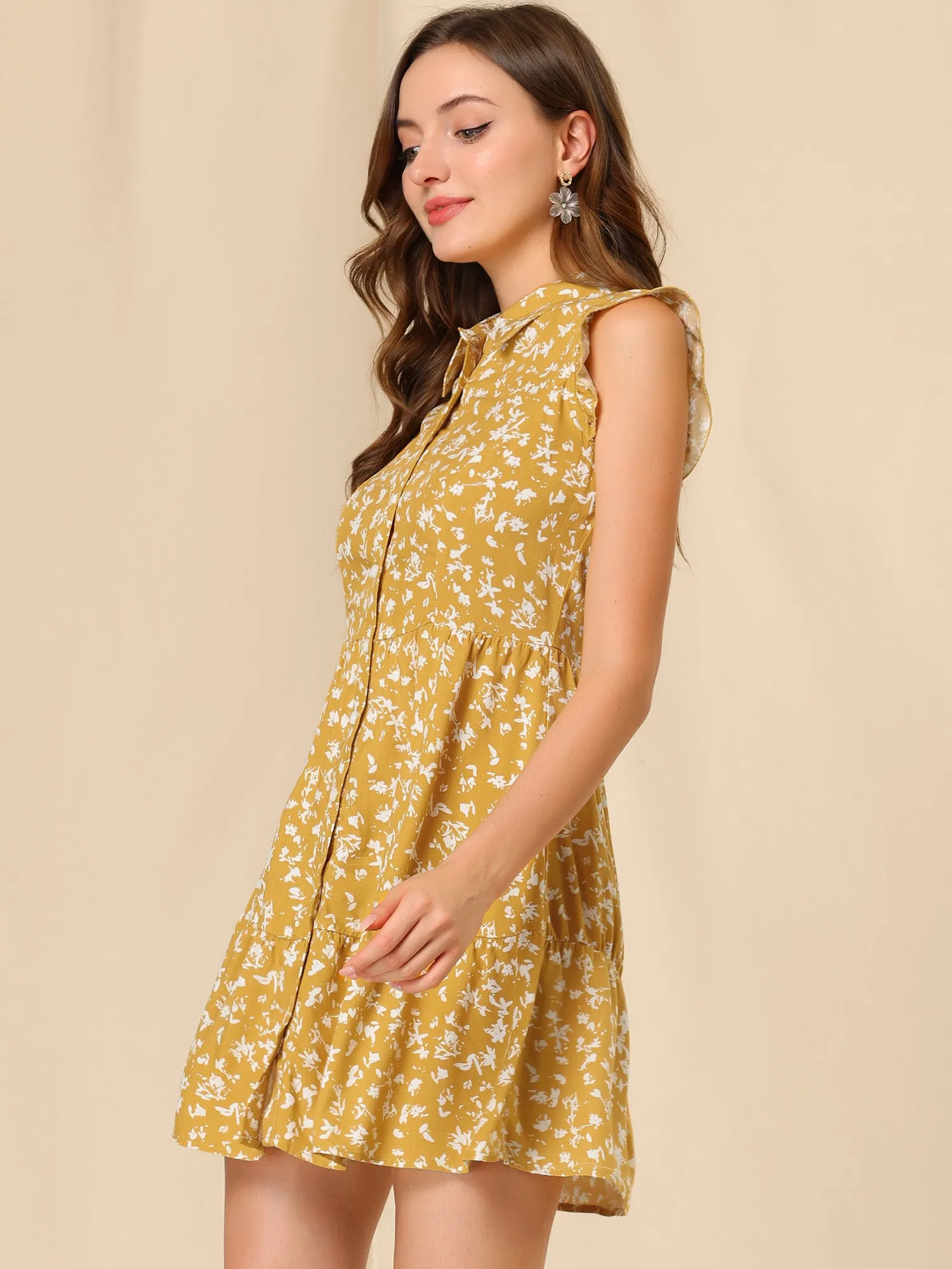 Daisy Floral Ruffle Sleeve Pleated Button Up Dress