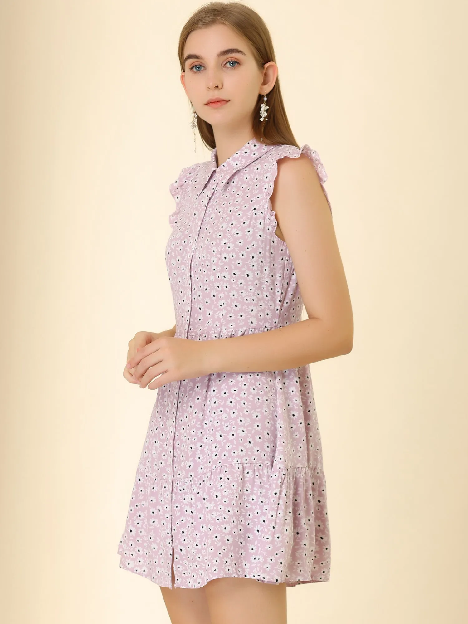 Daisy Floral Ruffle Sleeve Pleated Button Up Dress