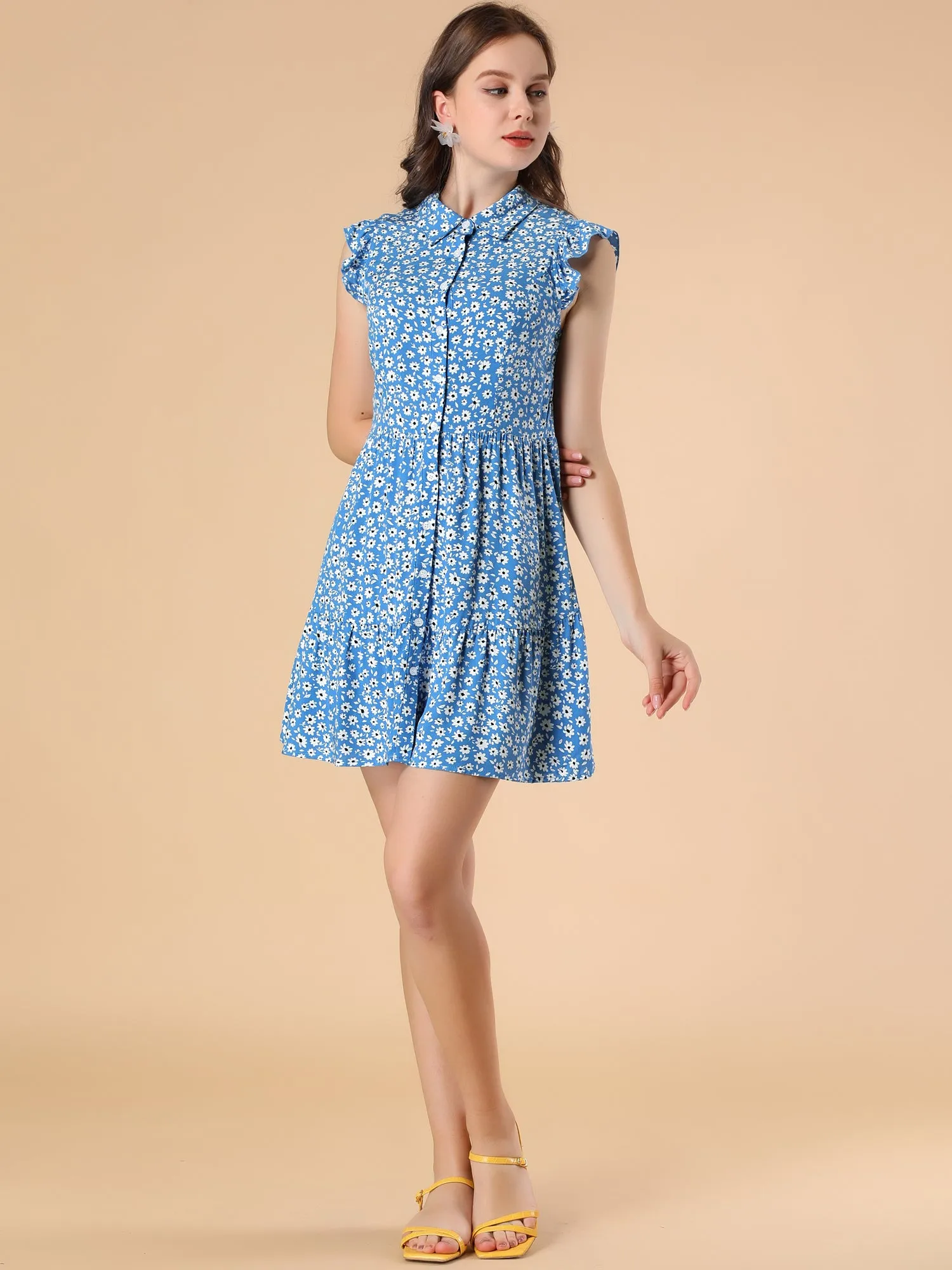 Daisy Floral Ruffle Sleeve Pleated Button Up Dress