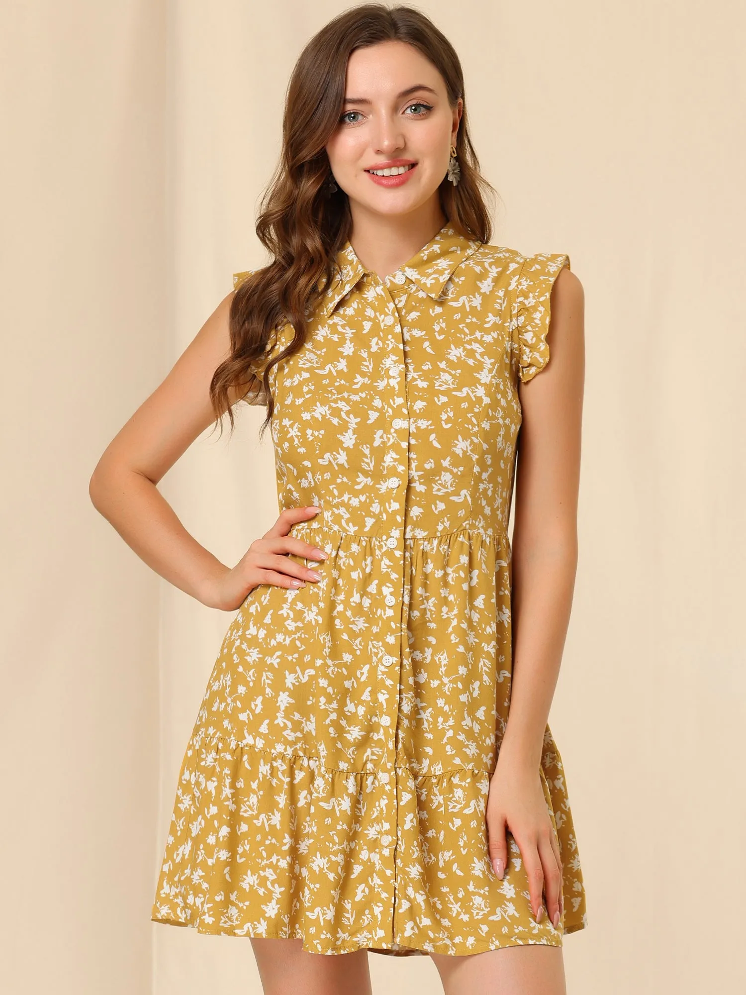Daisy Floral Ruffle Sleeve Pleated Button Up Dress