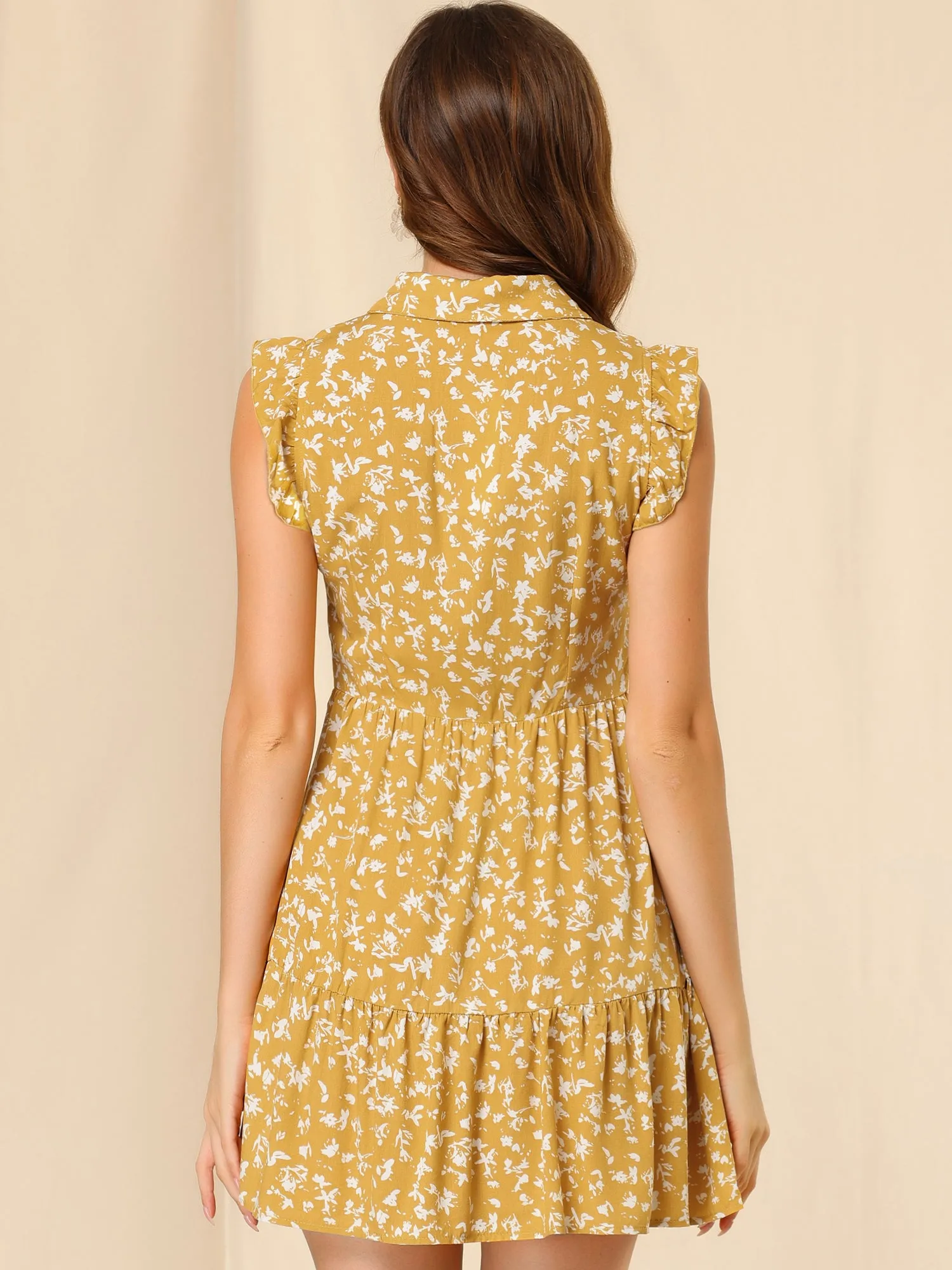 Daisy Floral Ruffle Sleeve Pleated Button Up Dress