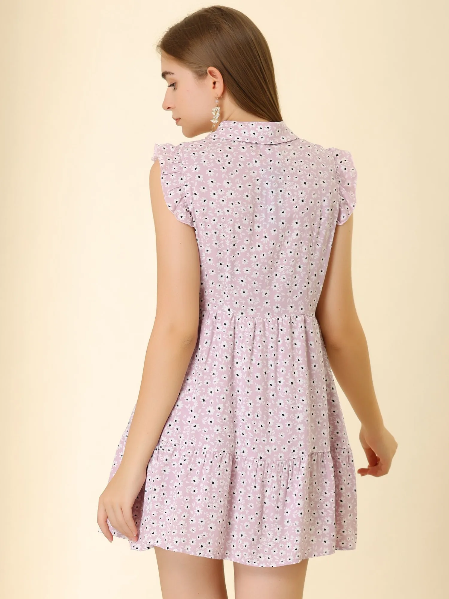 Daisy Floral Ruffle Sleeve Pleated Button Up Dress