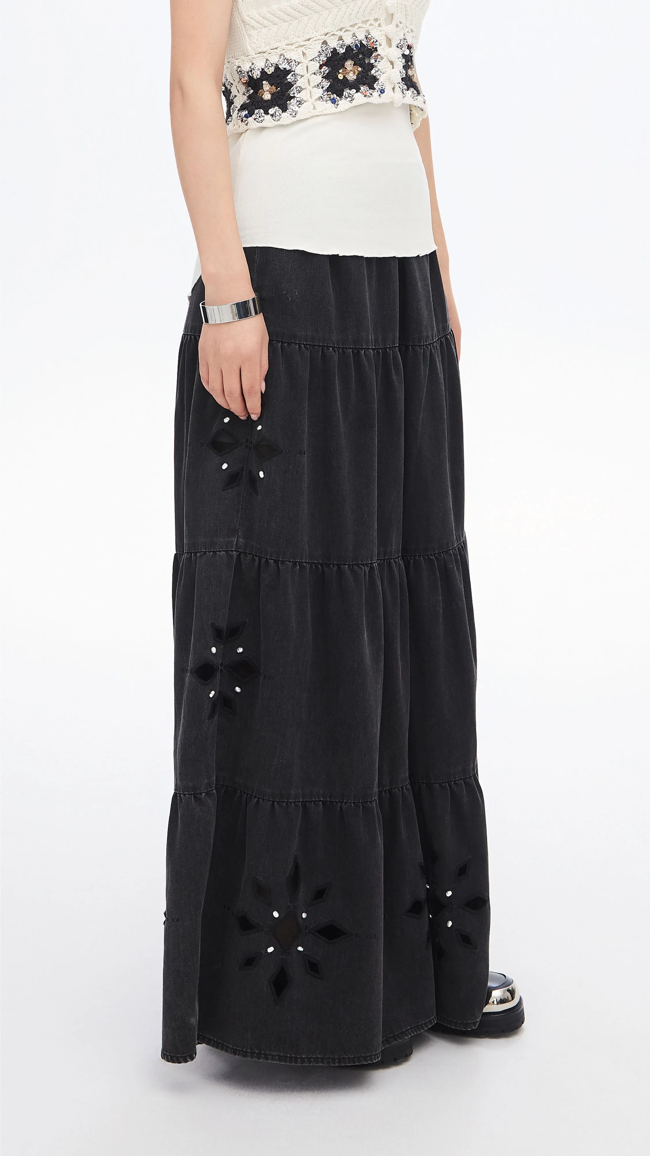 Embroidered Eyelet Tiered Jeans