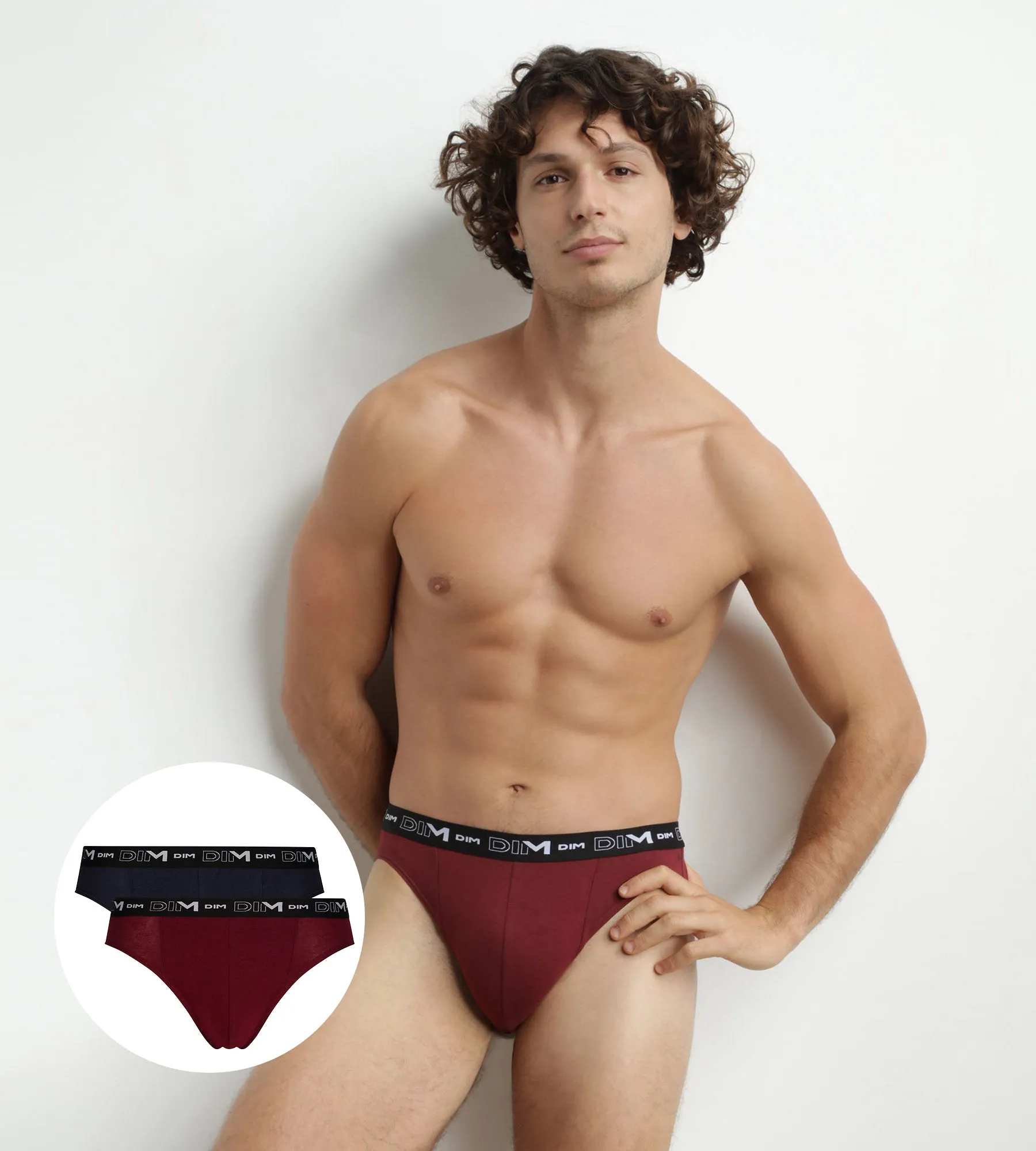 Lot de 2 slips homme Bleu Rouge ceinture contrastée Dim Coton Stretch