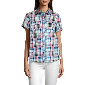 Patchwork Plaid Womens Plaid Woven Button-Down Top
