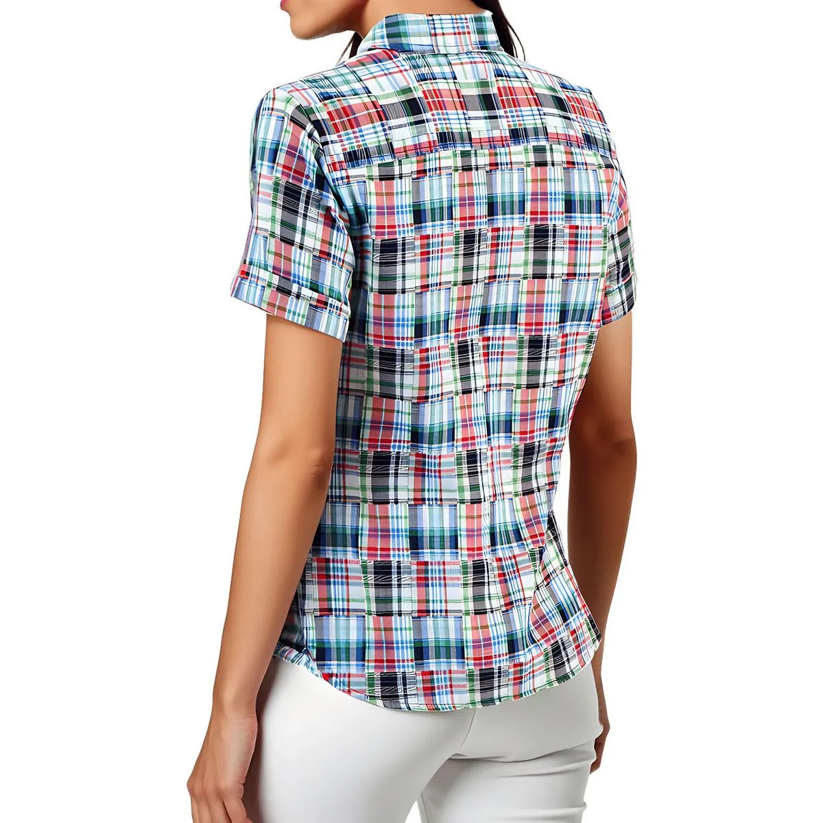 Patchwork Plaid Womens Plaid Woven Button-Down Top