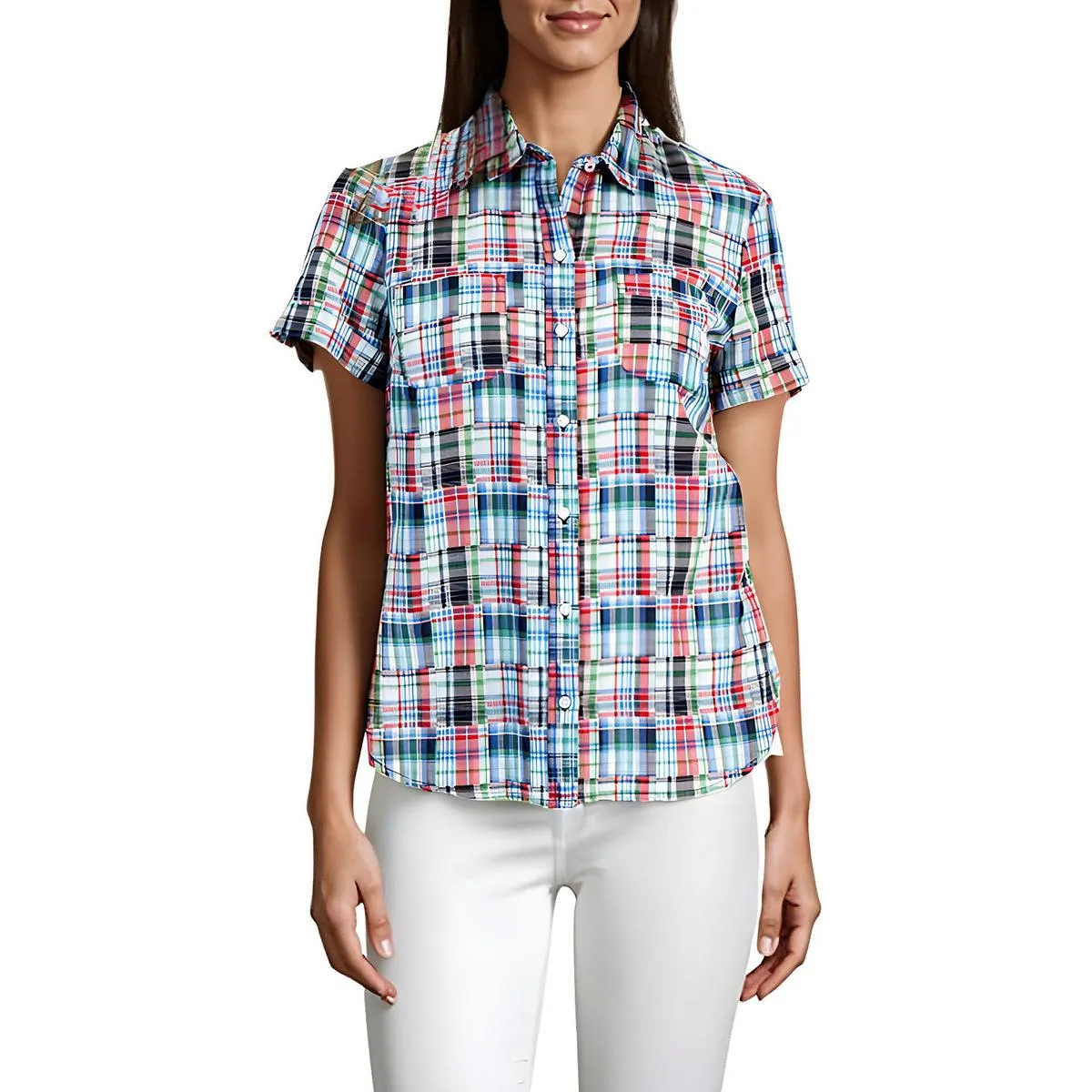 Patchwork Plaid Womens Plaid Woven Button-Down Top