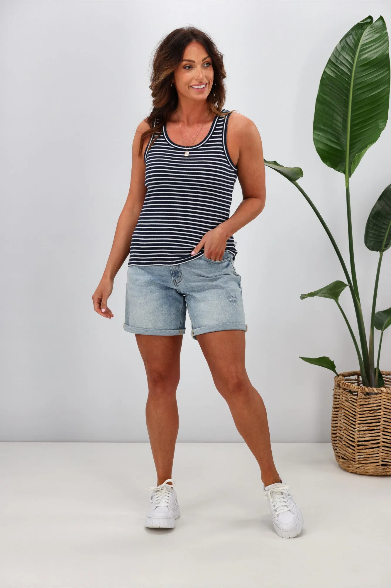 Shine On Essentials Stripe Rib Tank Navy White Stripe