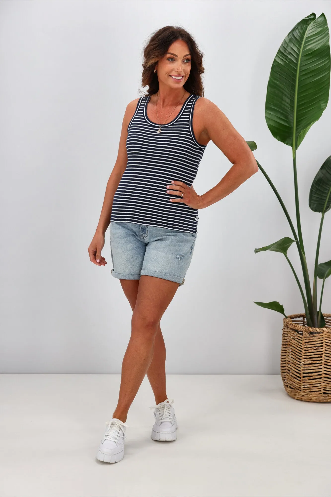 Shine On Essentials Stripe Rib Tank Navy White Stripe