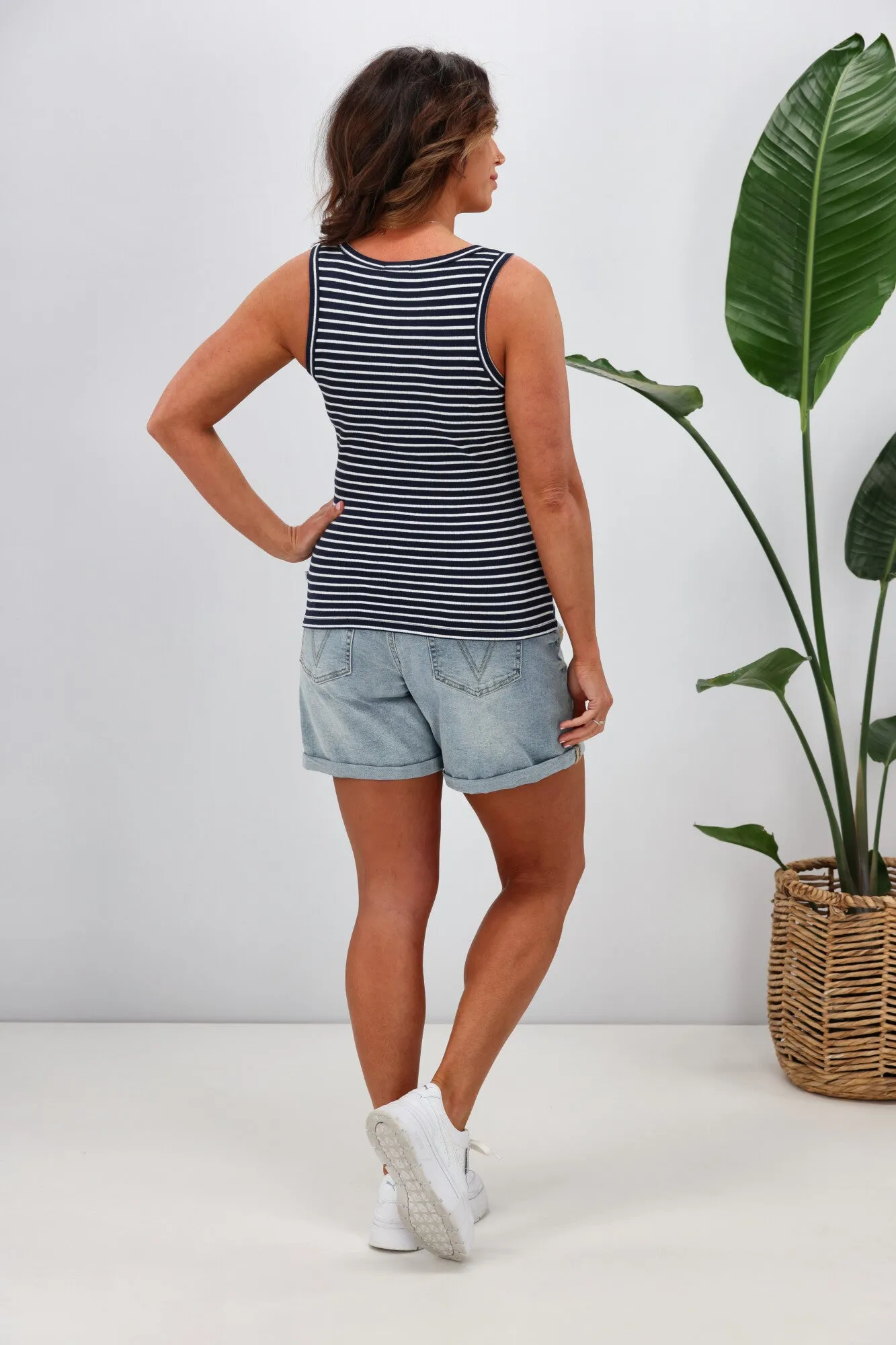 Shine On Essentials Stripe Rib Tank Navy White Stripe