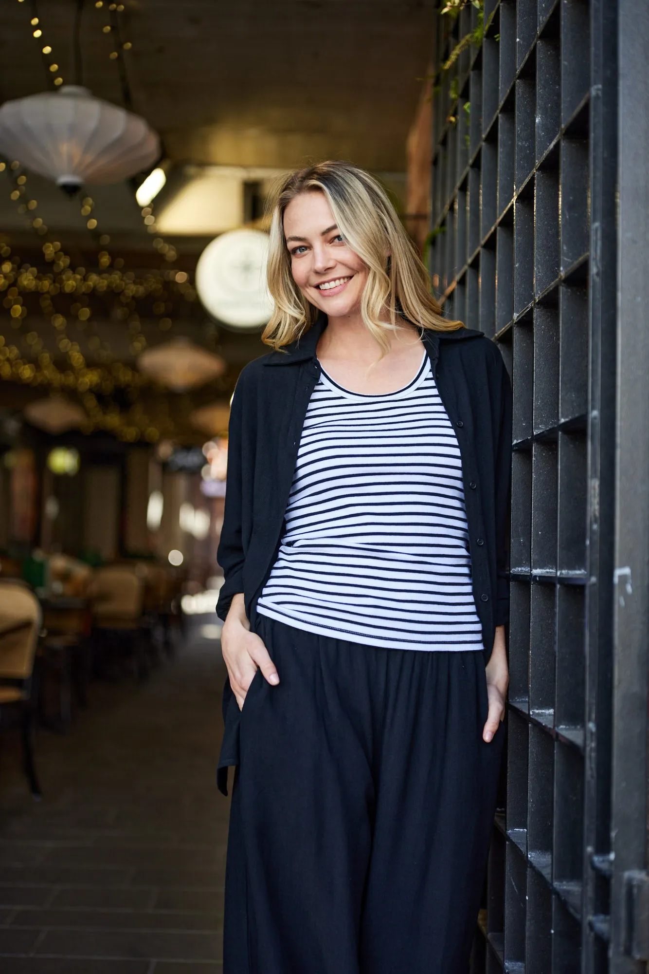 Shine On Essentials Stripe Rib Tank White and Black Stripe