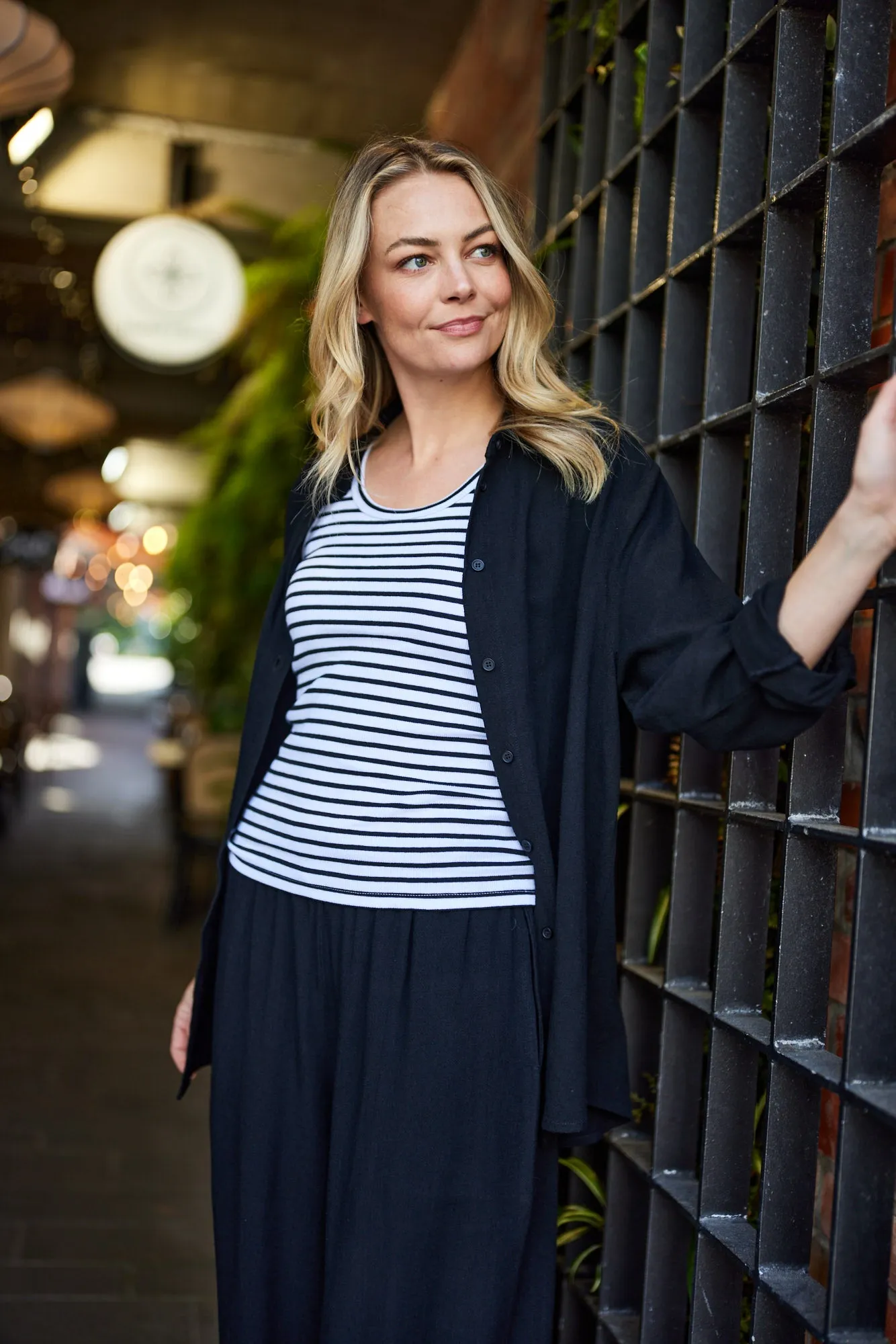 Shine On Essentials Stripe Rib Tank White and Black Stripe