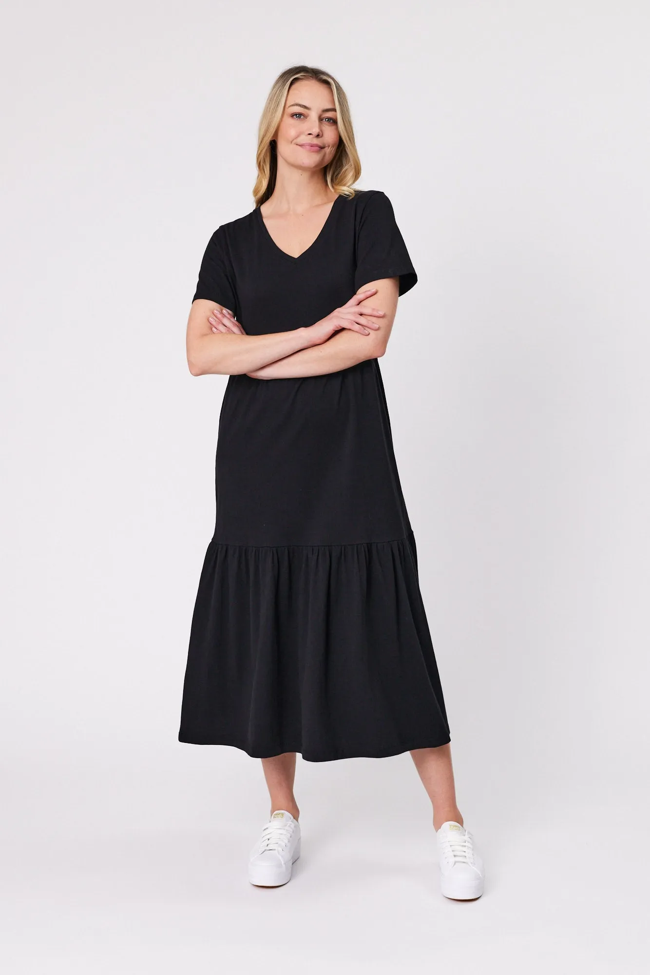 Shine On Essentials Tiered Midi Dress Black