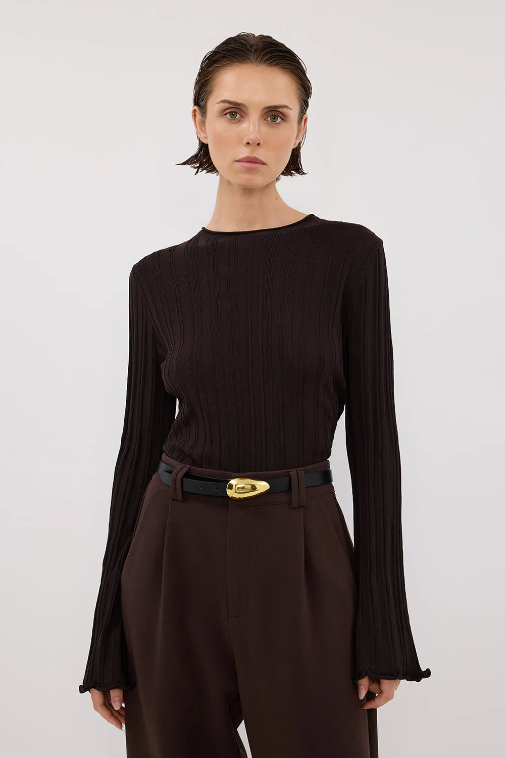 SYLVIA BITTER CHOC CREW KNIT TOP