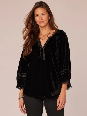 Three Quarter Blouson Sleeve Split V-Neck Embroidered Woven Top