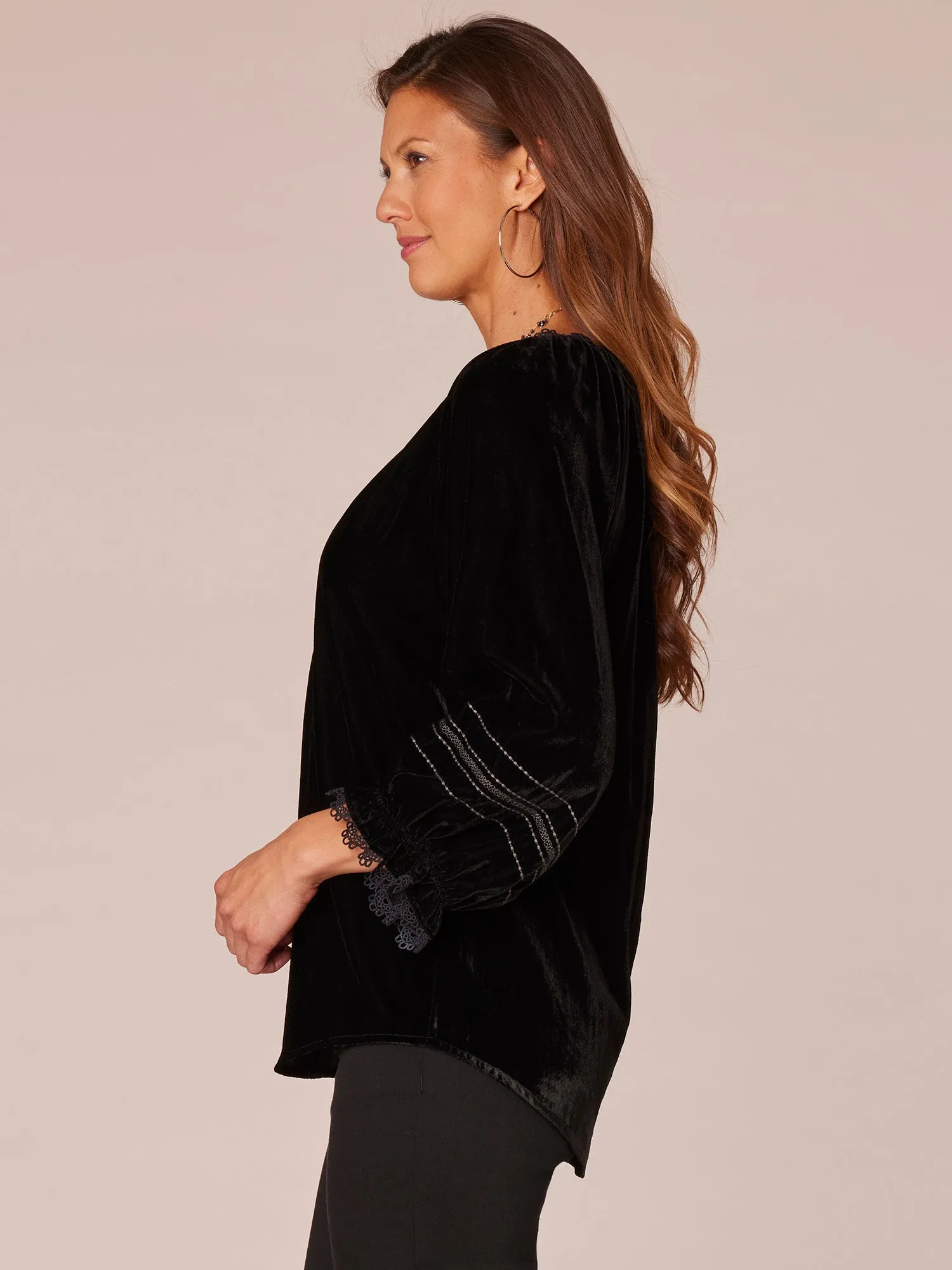 Three Quarter Blouson Sleeve Split V-Neck Embroidered Woven Top