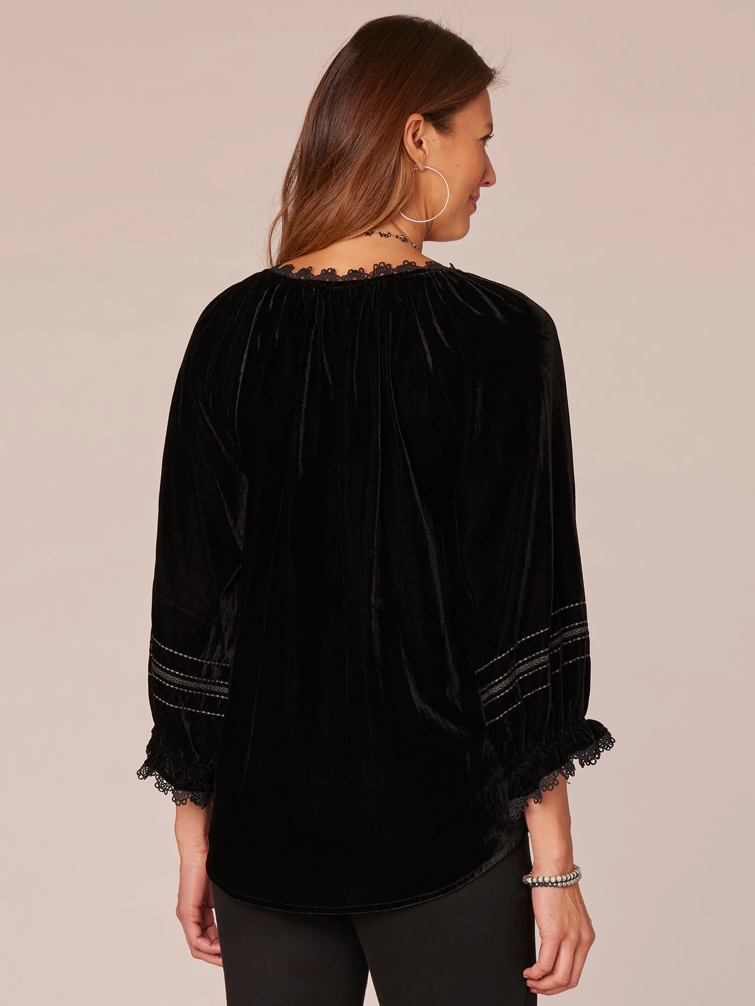 Three Quarter Blouson Sleeve Split V-Neck Embroidered Woven Top