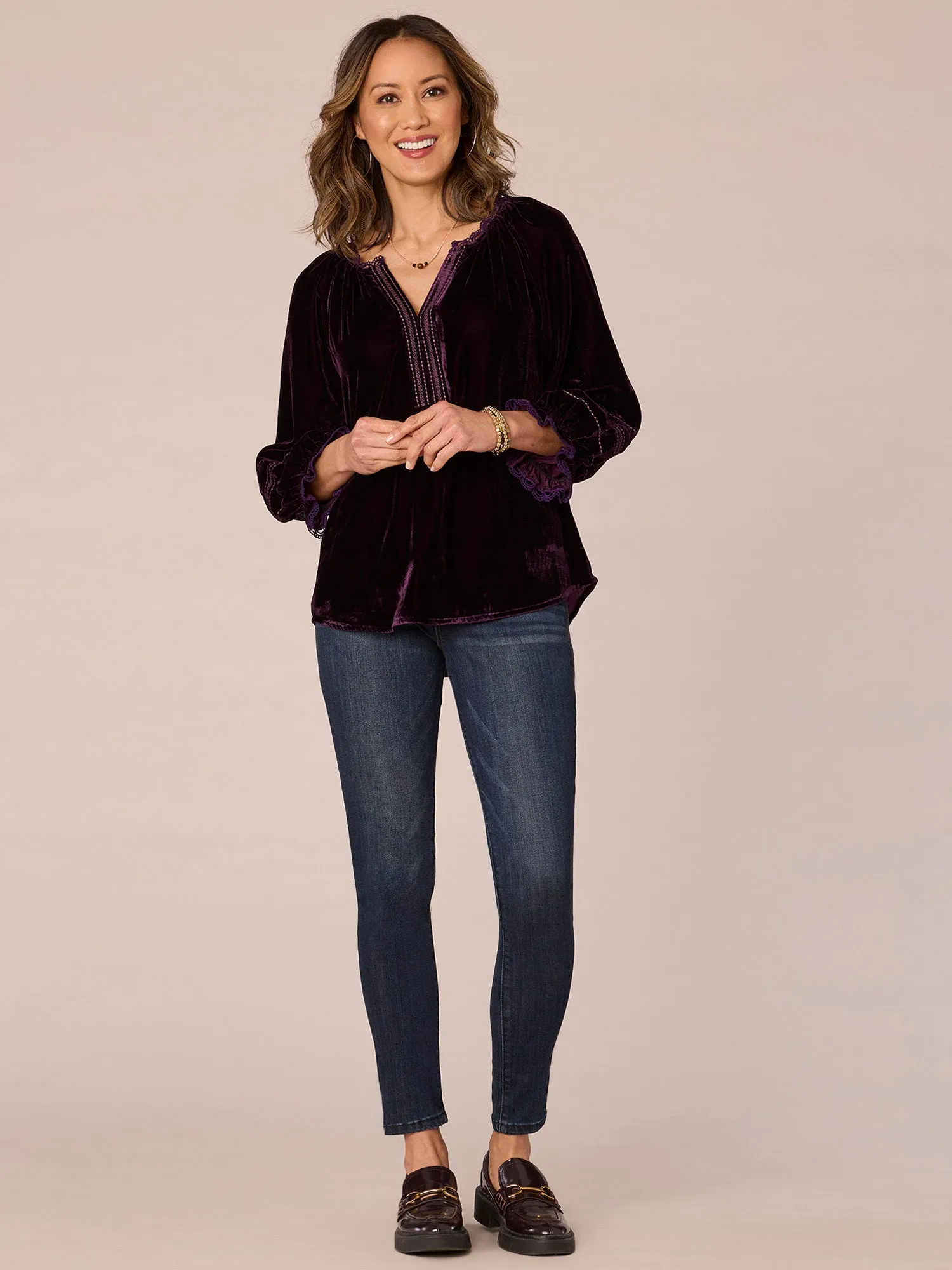 Three Quarter Sleeve Ruffle Edge Split V-Neck Placket Petite Woven Top