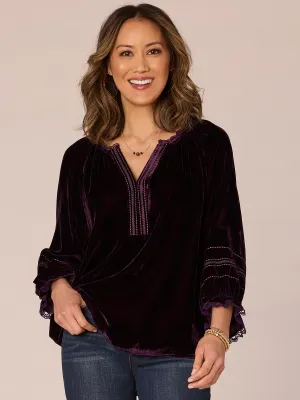 Three Quarter Sleeve Ruffle Edge Split V-Neck Placket Petite Woven Top