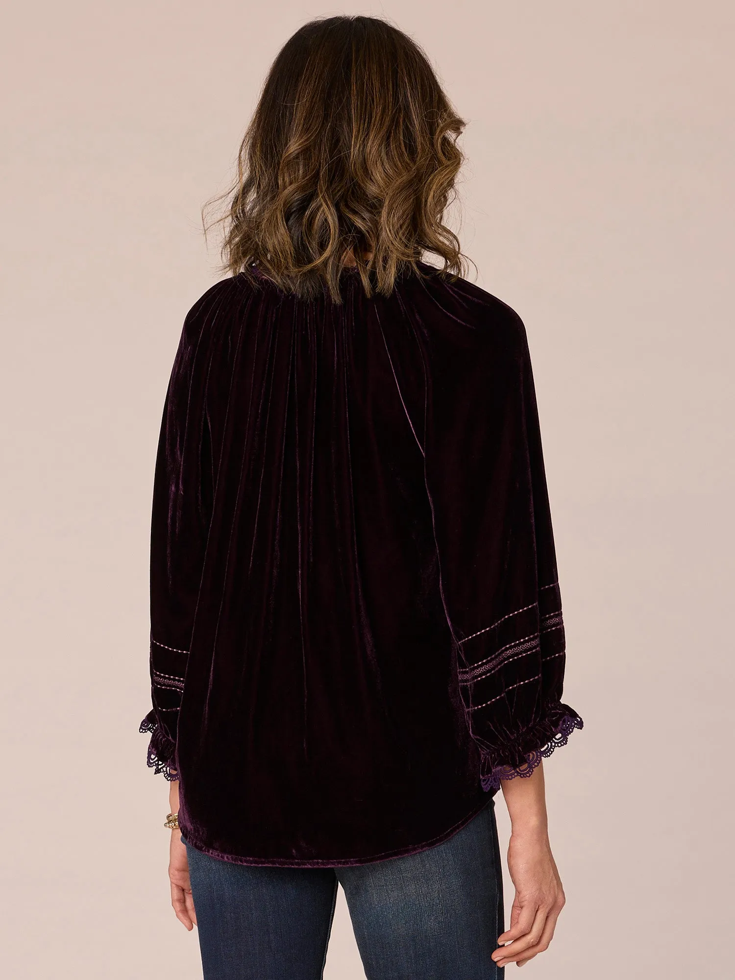 Three Quarter Sleeve Ruffle Edge Split V-Neck Placket Petite Woven Top