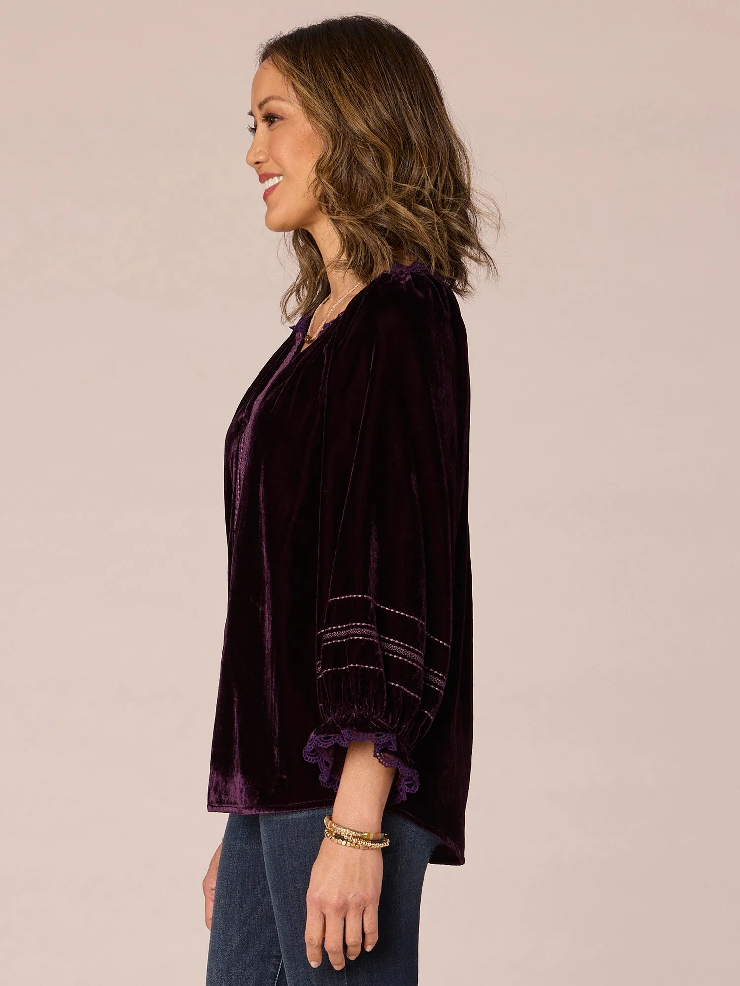 Three Quarter Sleeve Ruffle Edge Split V-Neck Placket Petite Woven Top