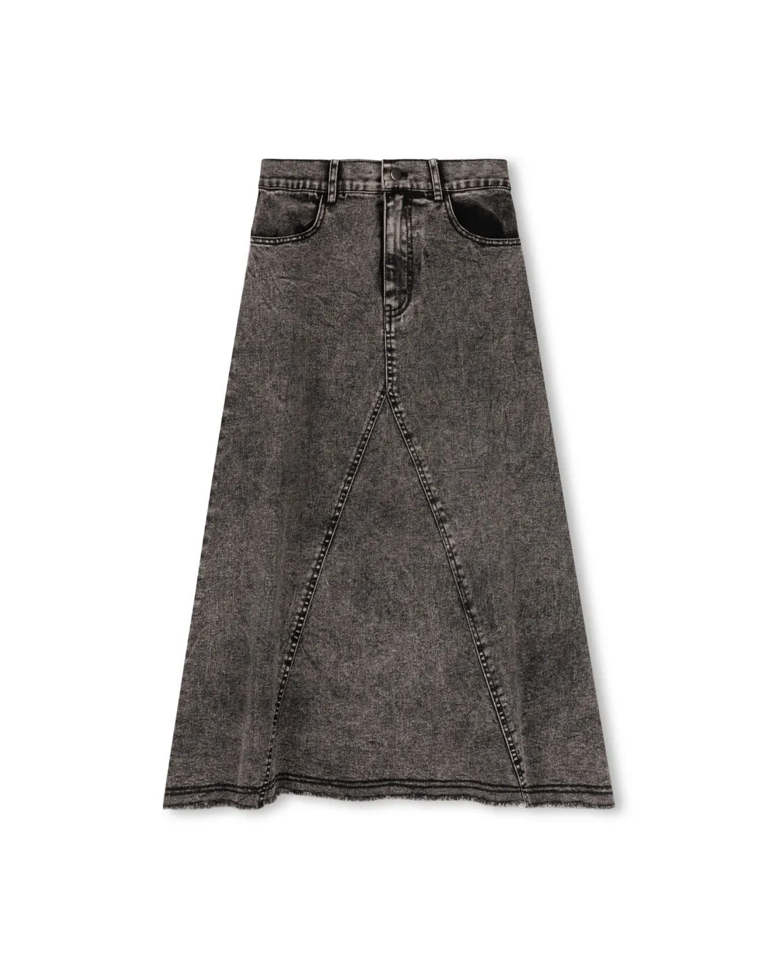 VIBE BLACK DENIM FRINGE HEM DENIM MIDI SKIRT
