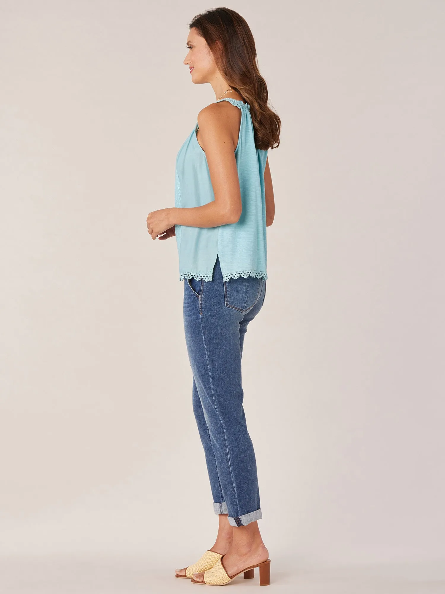 Wide Strap Ruched Square Neck Embroidered Scallop Edge Woven Tank Top
