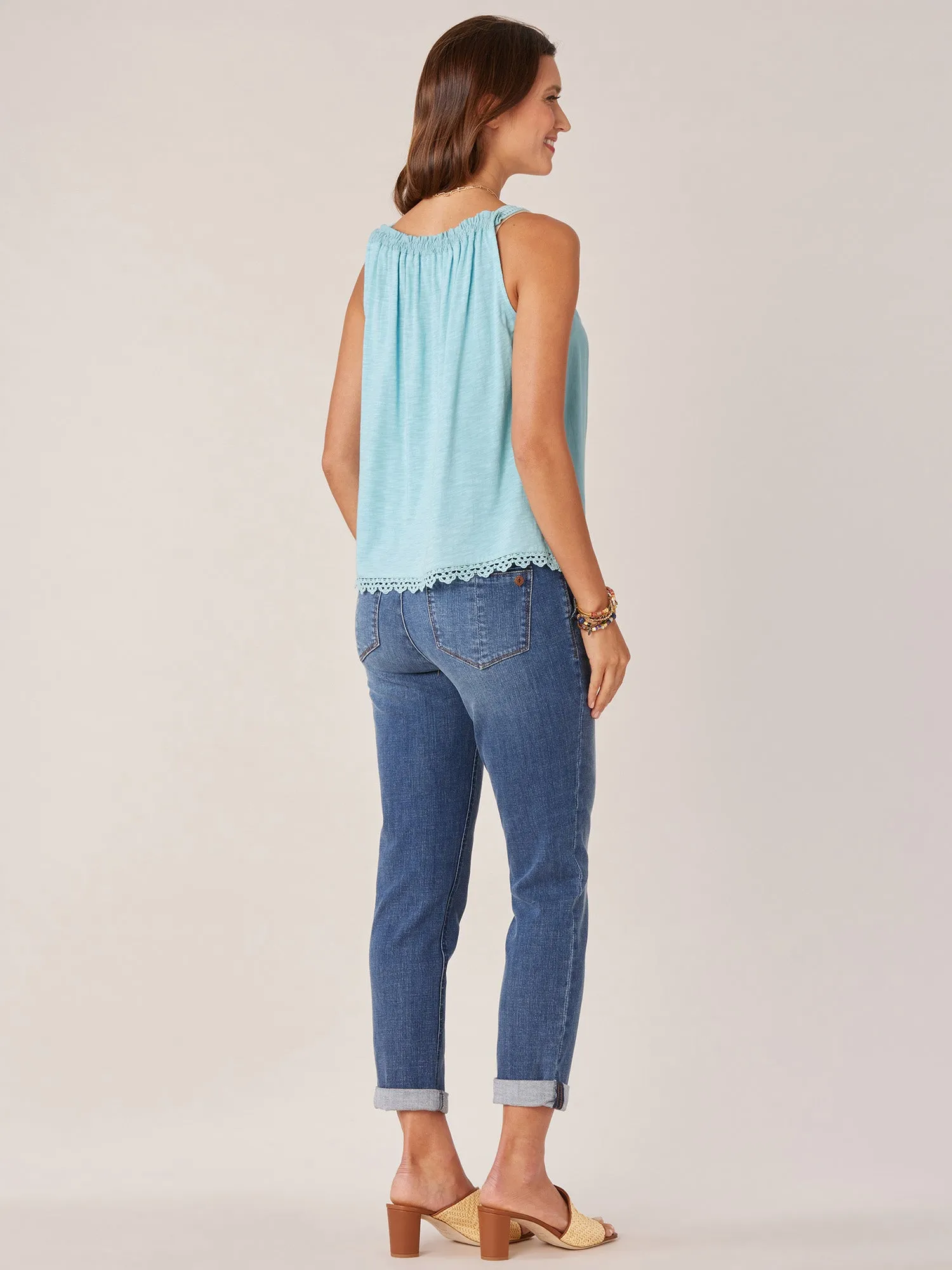 Wide Strap Ruched Square Neck Embroidered Scallop Edge Woven Tank Top