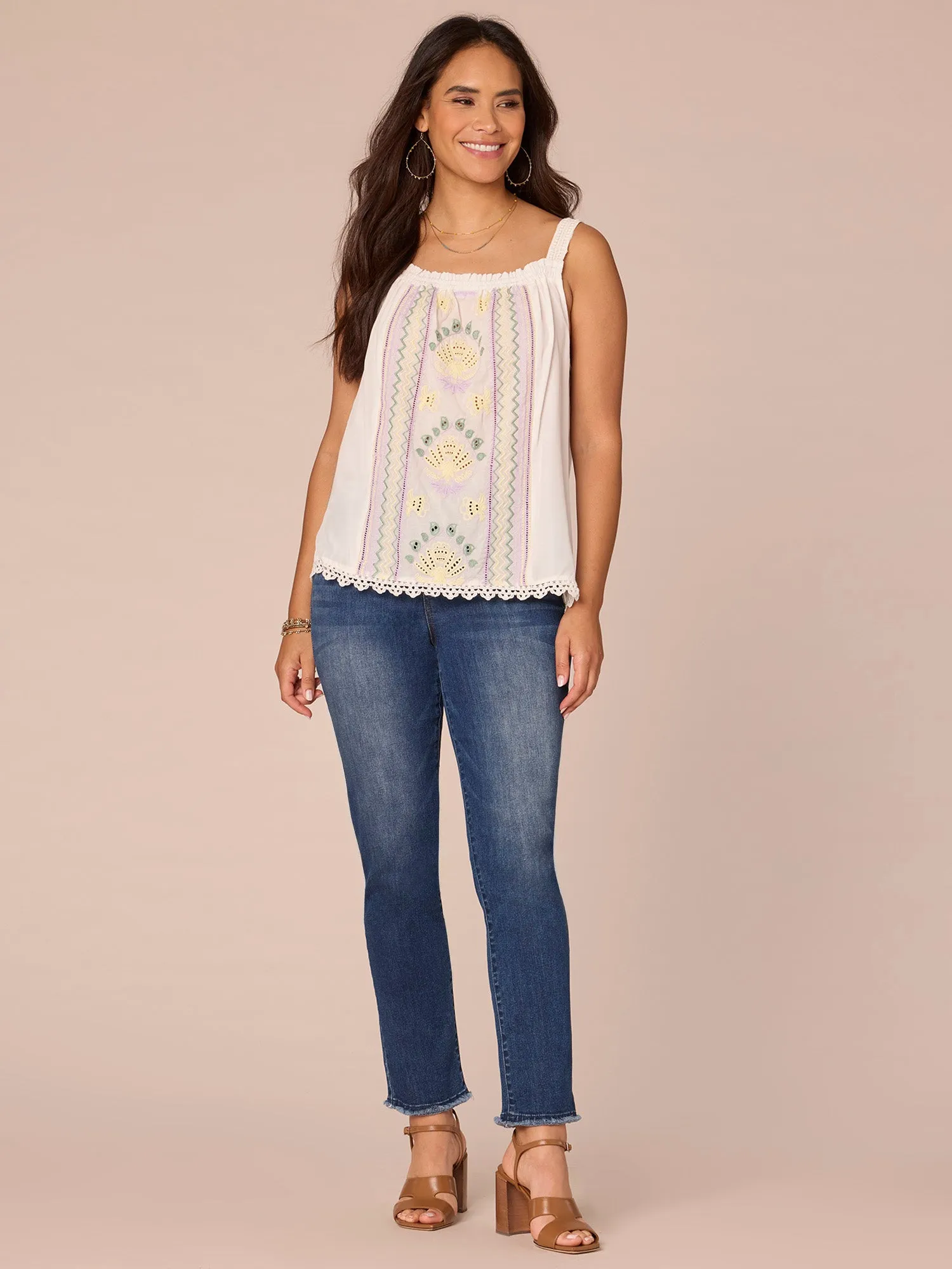 Wide Strap Ruched Square Neck Embroidered Scallop Edge Woven Tank Top