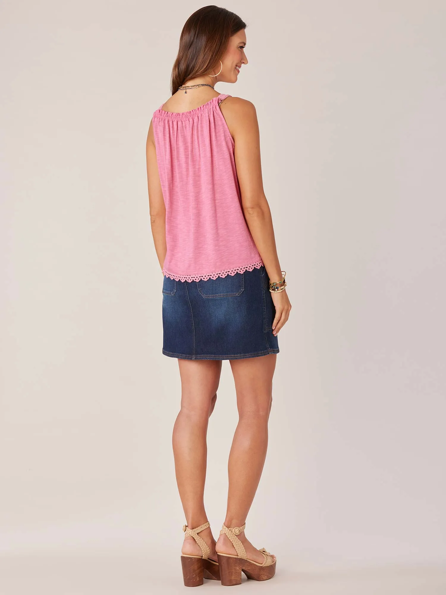 Wide Strap Ruched Square Neck Embroidered Scallop Edge Woven Tank Top
