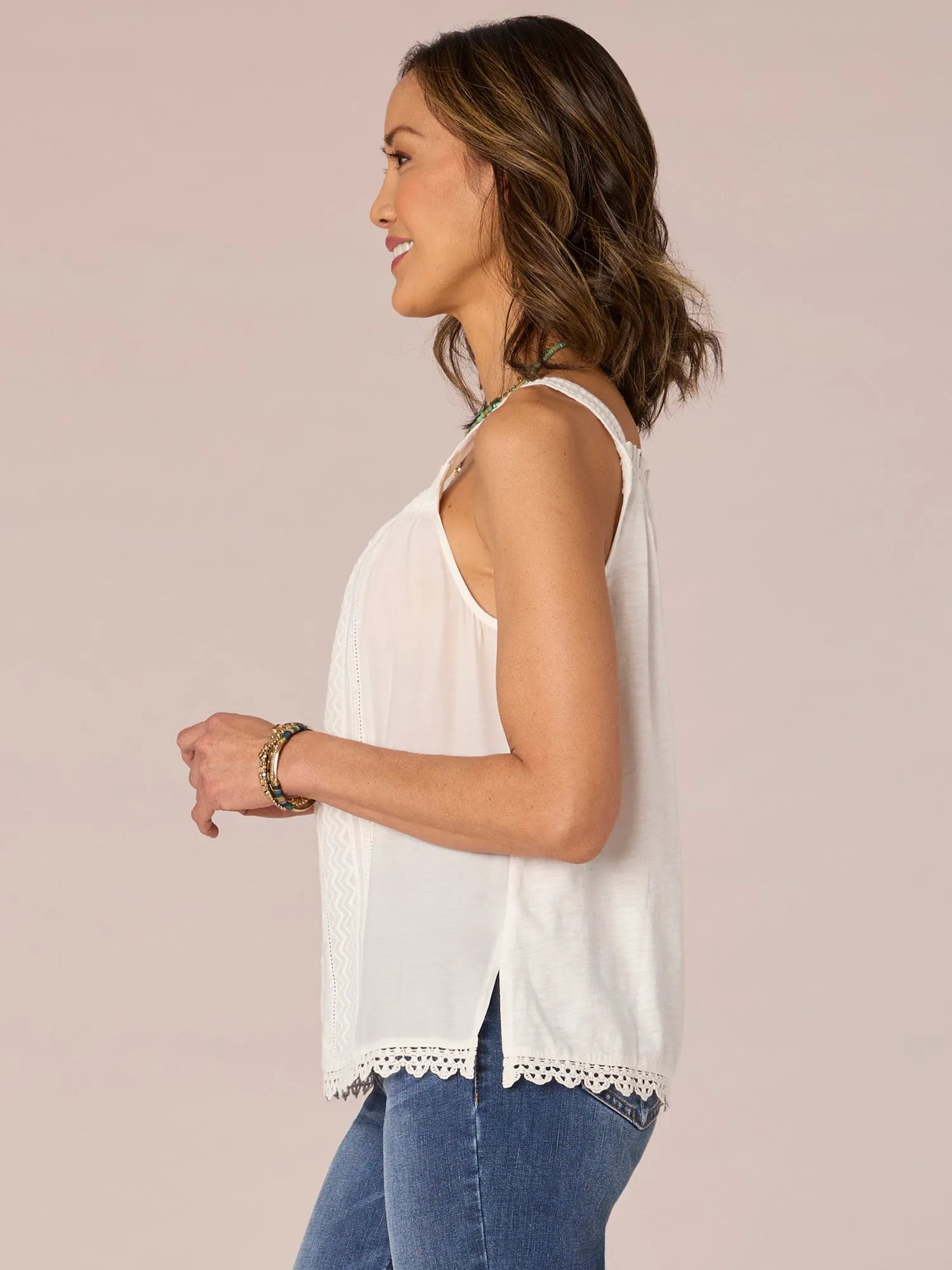 Wide Strap Ruched Square Neck Embroidered Scallop Edge Woven Tank Top