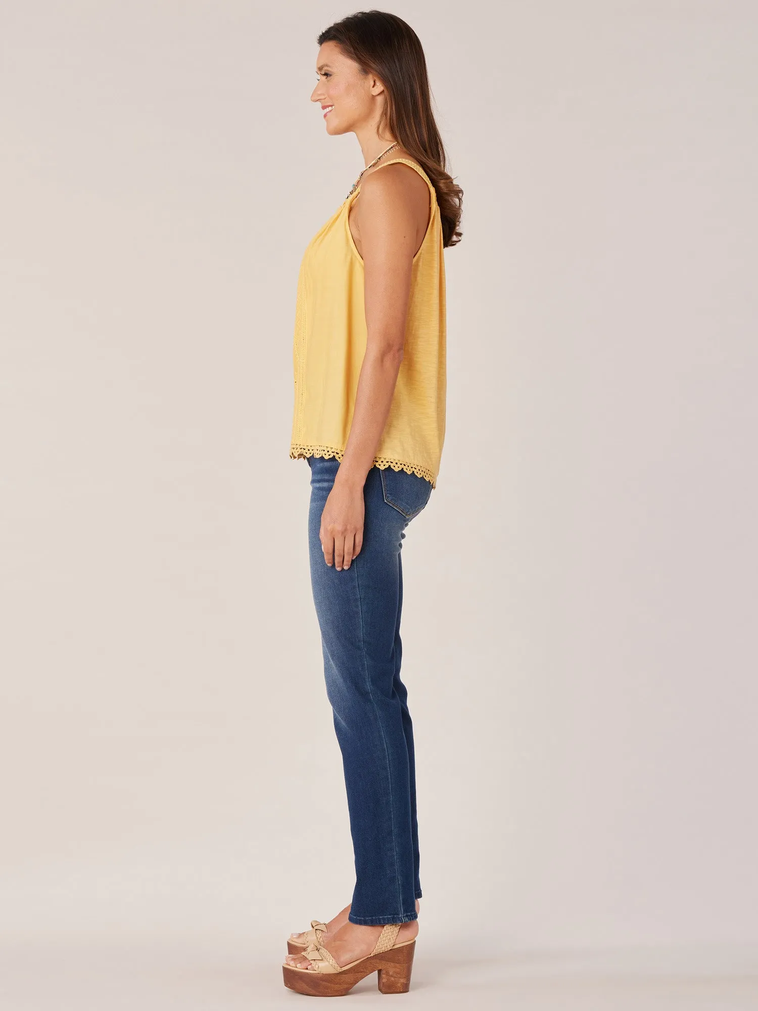 Wide Strap Ruched Square Neck Embroidered Scallop Edge Woven Tank Top