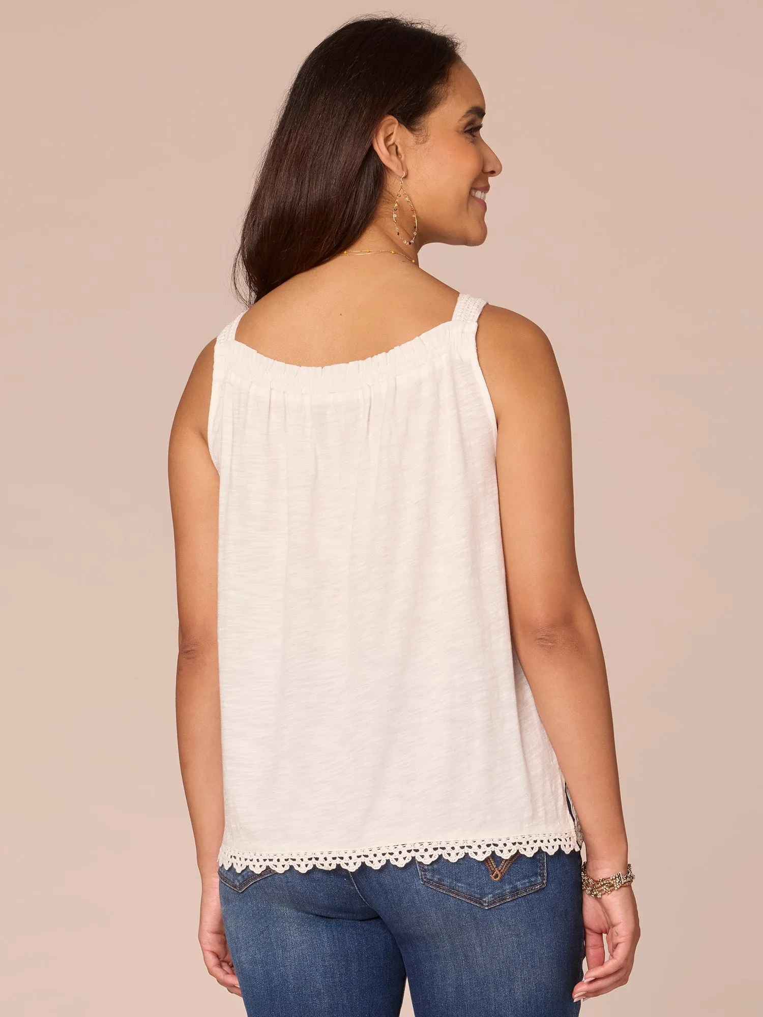 Wide Strap Ruched Square Neck Embroidered Scallop Edge Woven Tank Top