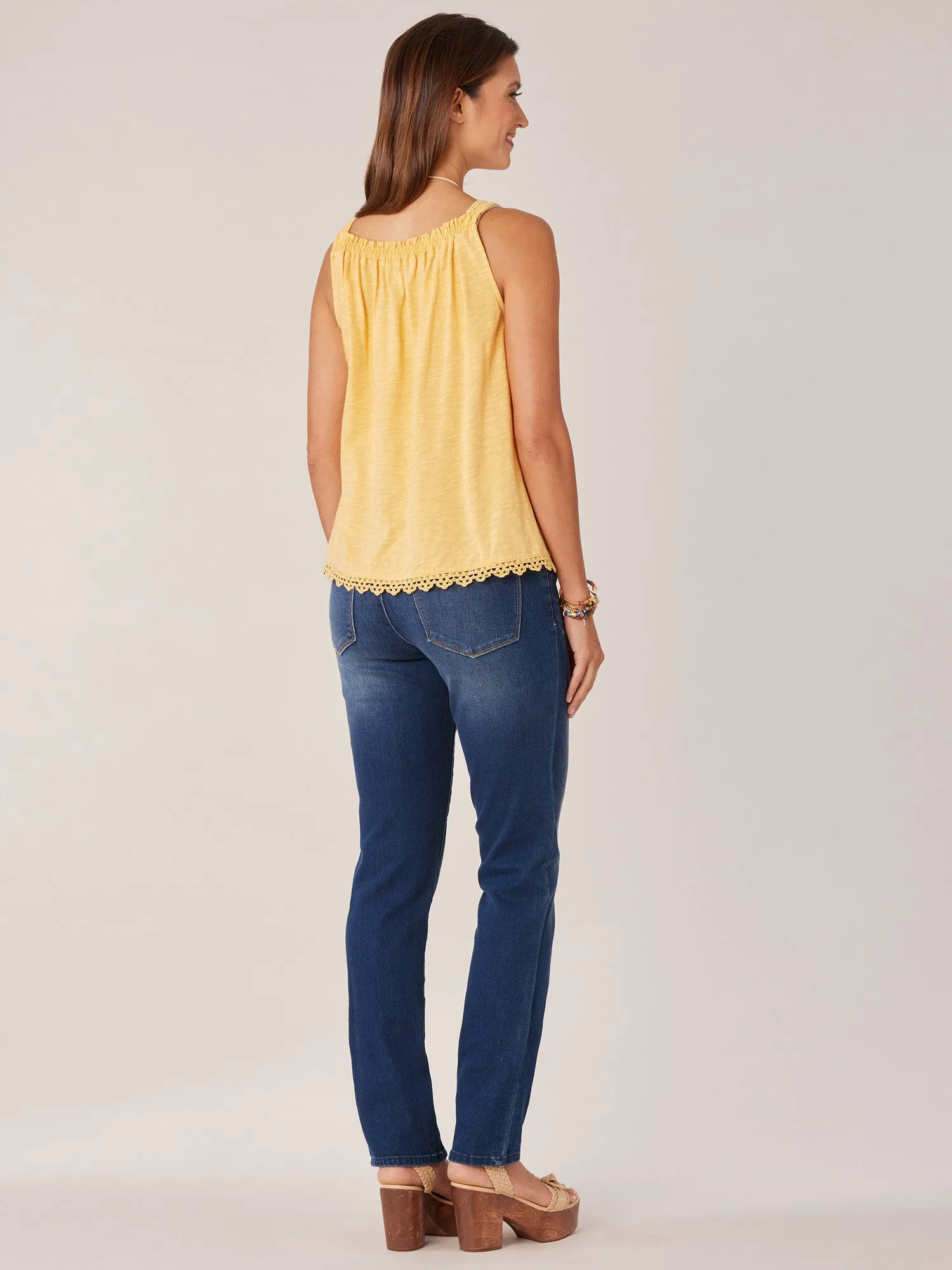 Wide Strap Ruched Square Neck Embroidered Scallop Edge Woven Tank Top